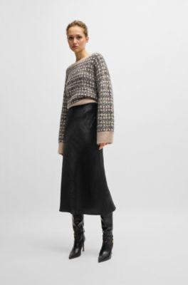 Midi-length skirt in crinkled satin-touch fabric, Black