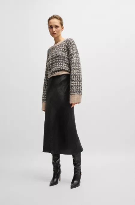 Midi-length skirt in crinkled satin-touch fabric