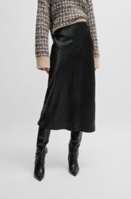Midi-length skirt in crinkled satin-touch fabric, Black