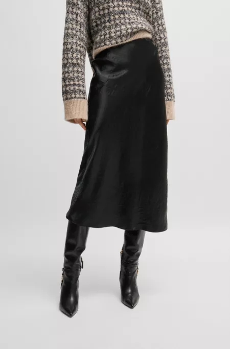 Midi-length skirt in crinkled satin-touch fabric