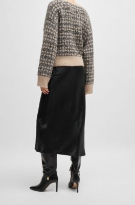 Midi-length skirt in crinkled satin-touch fabric, Black