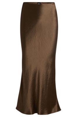 Hugo Boss Midi-length Skirt In Crinkled Satin-touch Fabric In Light Green