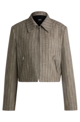 Hugo Boss Zip-up Jacket In Striped Melange Cloth In Brown