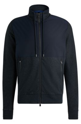 Hugo Boss Regular-fit Zipped Sweatshirt In Mixed Materials In Dark Blue