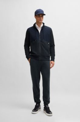 BOSS - Regular-fit zipped sweatshirt in mixed materials - Dark Blue