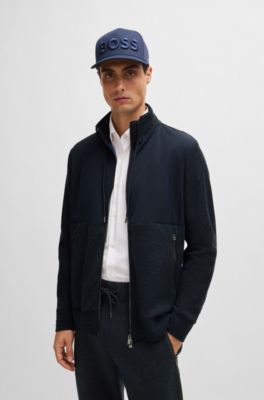 Regular-fit zipped sweatshirt in mixed materials, Dark Blue