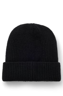 Ribbed beanie hat with handwritten logo, Black