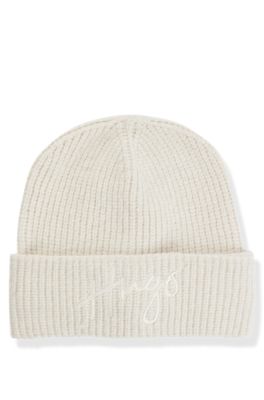 Ribbed beanie hat with handwritten logo, White