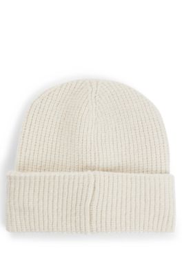 Ribbed beanie hat with handwritten logo, White