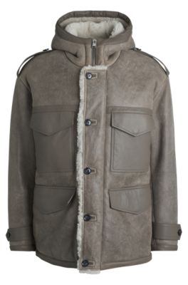 Regular-fit hooded coat in sheepskin with patch pockets, Light Green