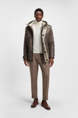 Regular-fit hooded coat in sheepskin with patch pockets, Light Green