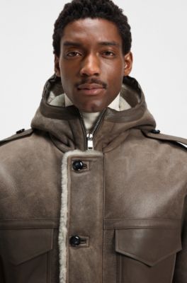 Regular-fit hooded coat in sheepskin with patch pockets, Light Green