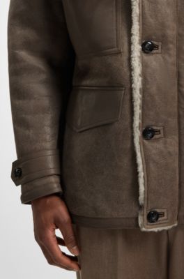 Regular-fit hooded coat in sheepskin with patch pockets, Light Green