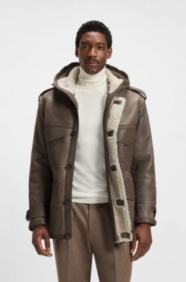 BOSS - Regular-fit hooded coat in sheepskin with patch pockets