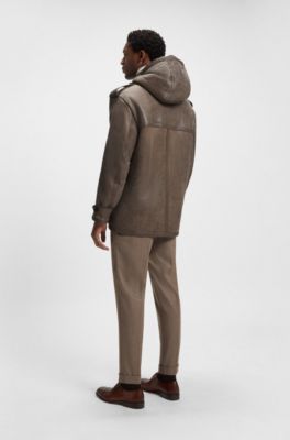 Regular-fit hooded coat in sheepskin with patch pockets, Light Green