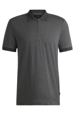 Hugo Boss Zip-placket Polo Shirt In Cotton And Silk In Grey