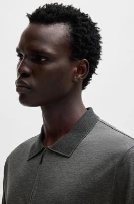 Zip-placket polo shirt in cotton and silk, Grey