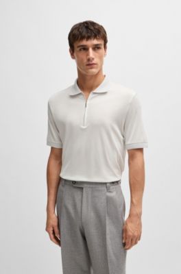 Zip-placket polo shirt in cotton and silk, White