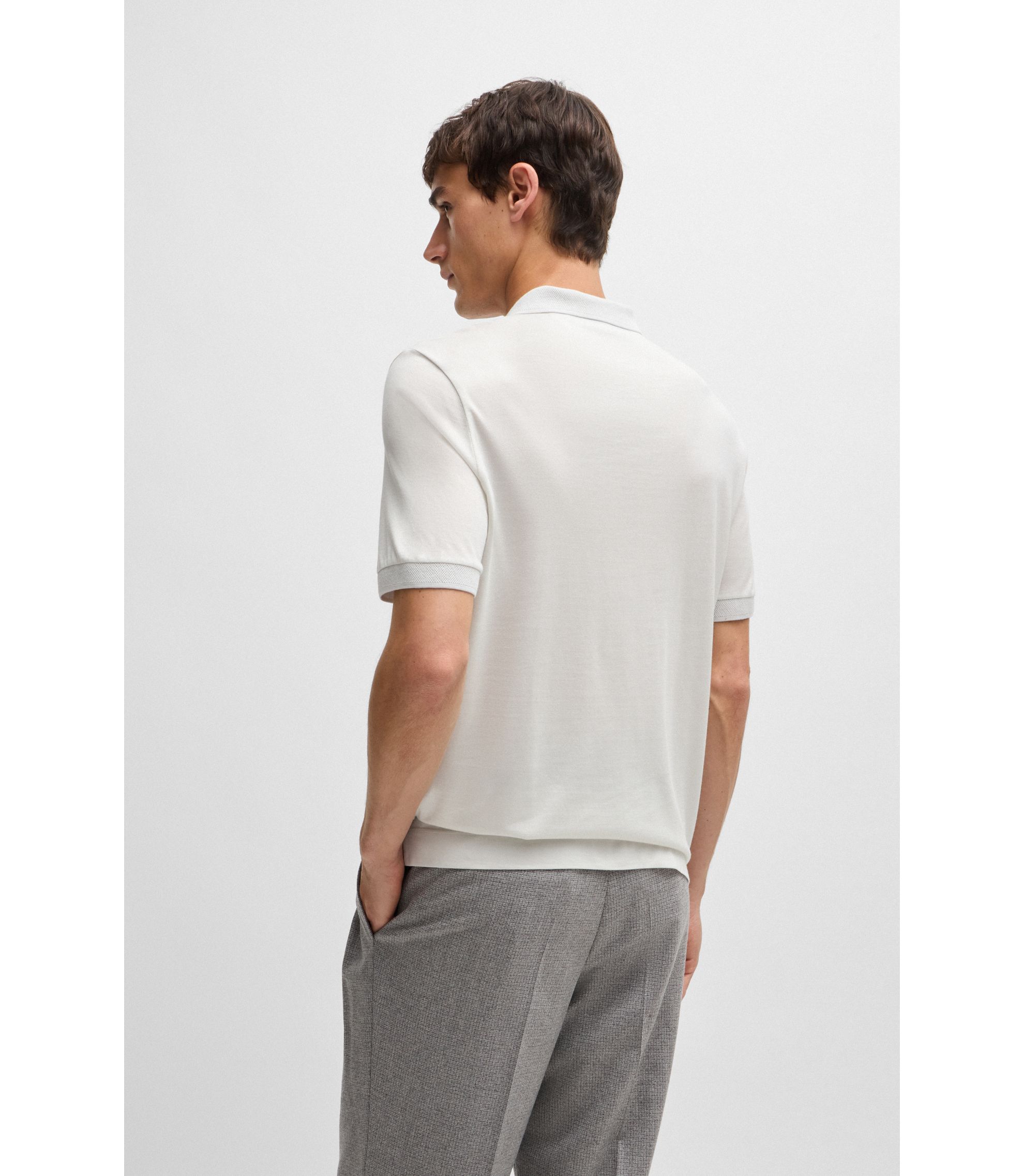 BOSS - Zip-placket polo shirt in cotton and silk - White