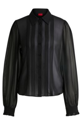 Hugo Boss Sheer Chiffon Blouse With Front Pleats In Black