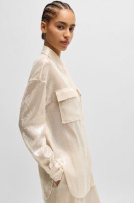 Relaxed-fit blouse with sequins and point collar, Light Orange