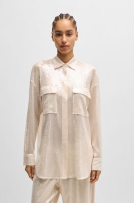 Relaxed-fit blouse with sequins and point collar, Light Orange