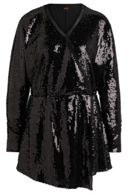 Sequinned jumpsuit with wrap front, Black