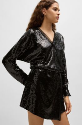Sequinned jumpsuit with wrap front, Black