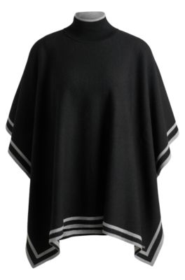 BOSS - Reversible poncho in wool with striped border - Black