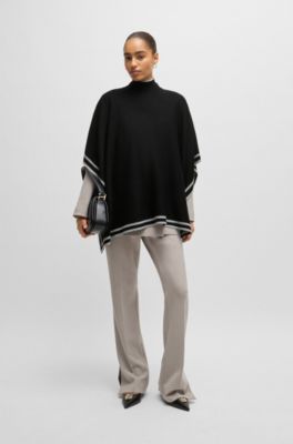 Stripe-border reversible poncho in virgin wool, Black