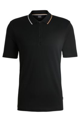 BOSS - Zip-neck polo shirt in interlock cotton - Black