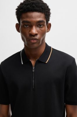 Zip-neck polo shirt in interlock cotton, Black