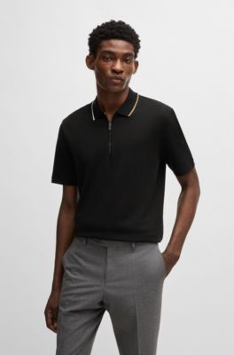 Zip-neck polo shirt in interlock cotton, Black
