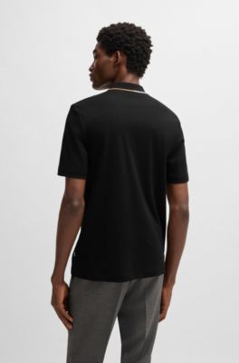 Zip-neck polo shirt in interlock cotton, Black