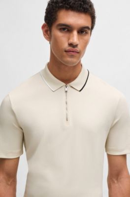 Zip-neck polo shirt in interlock cotton, White