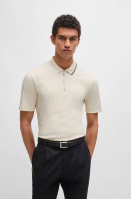 Zip-neck polo shirt in interlock cotton, White
