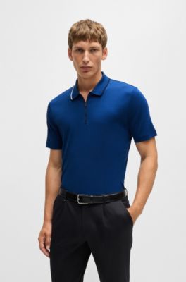 BOSS - Zip-neck polo shirt in interlock cotton - Light Blue