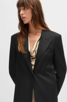 Long-length tuxedo-style coat in stretch fabric, Black