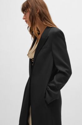 Long-length tuxedo-style coat in stretch fabric, Black