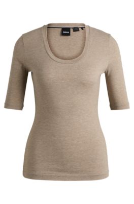Hugo Boss Scoop-neck Top In Wool And Cotton In Neutral