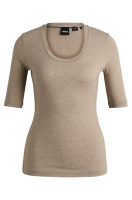 Hugo Boss Scoop-neck Top In Wool And Cotton In Light Grey