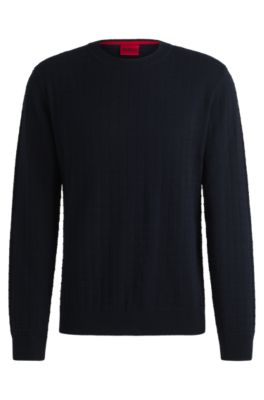 Hugo Boss Grid-pattern Regular-fit Sweater In Cotton In Dark Blue