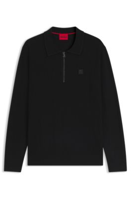 Jersey de punto estructurado con cremallera en el cuello y cuello de polo, Negro