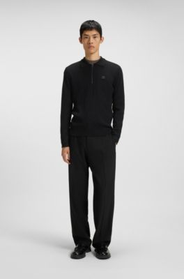 Jersey de punto estructurado con cremallera en el cuello y cuello de polo, Negro
