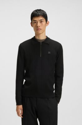Pull en maille structur&eacute;e &agrave; encolure zipp&eacute;e et col polo, Noir
