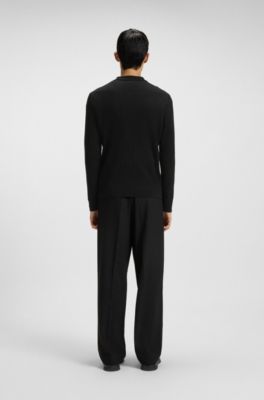 Pull en maille structur&eacute;e &agrave; encolure zipp&eacute;e et col polo, Noir