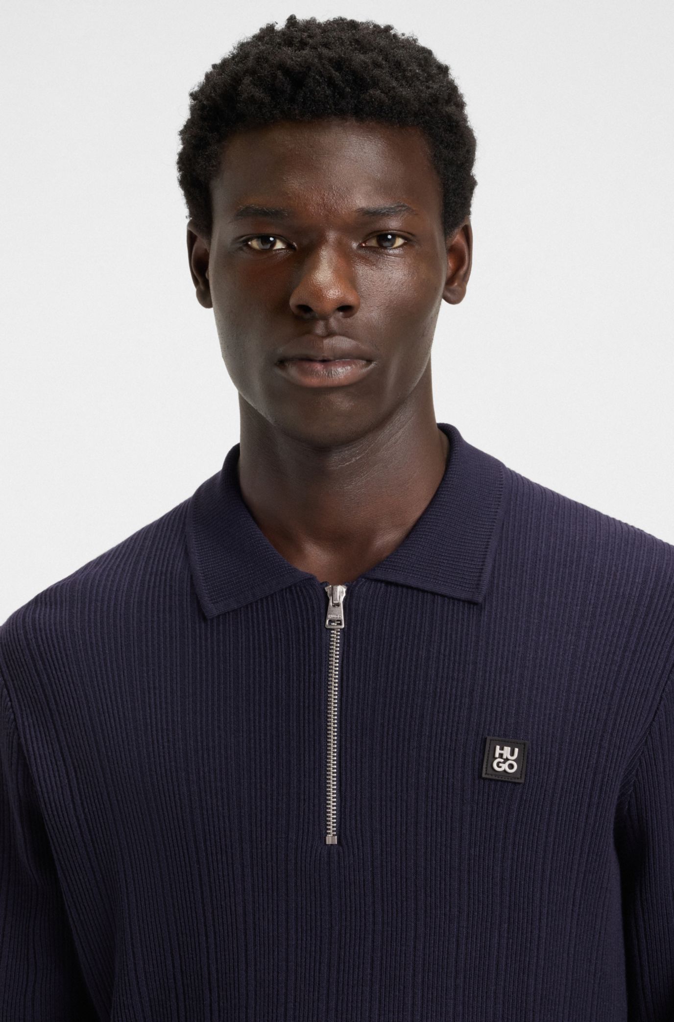 HUGO - Stacked-logo sweater with zip collar - Dark Blue