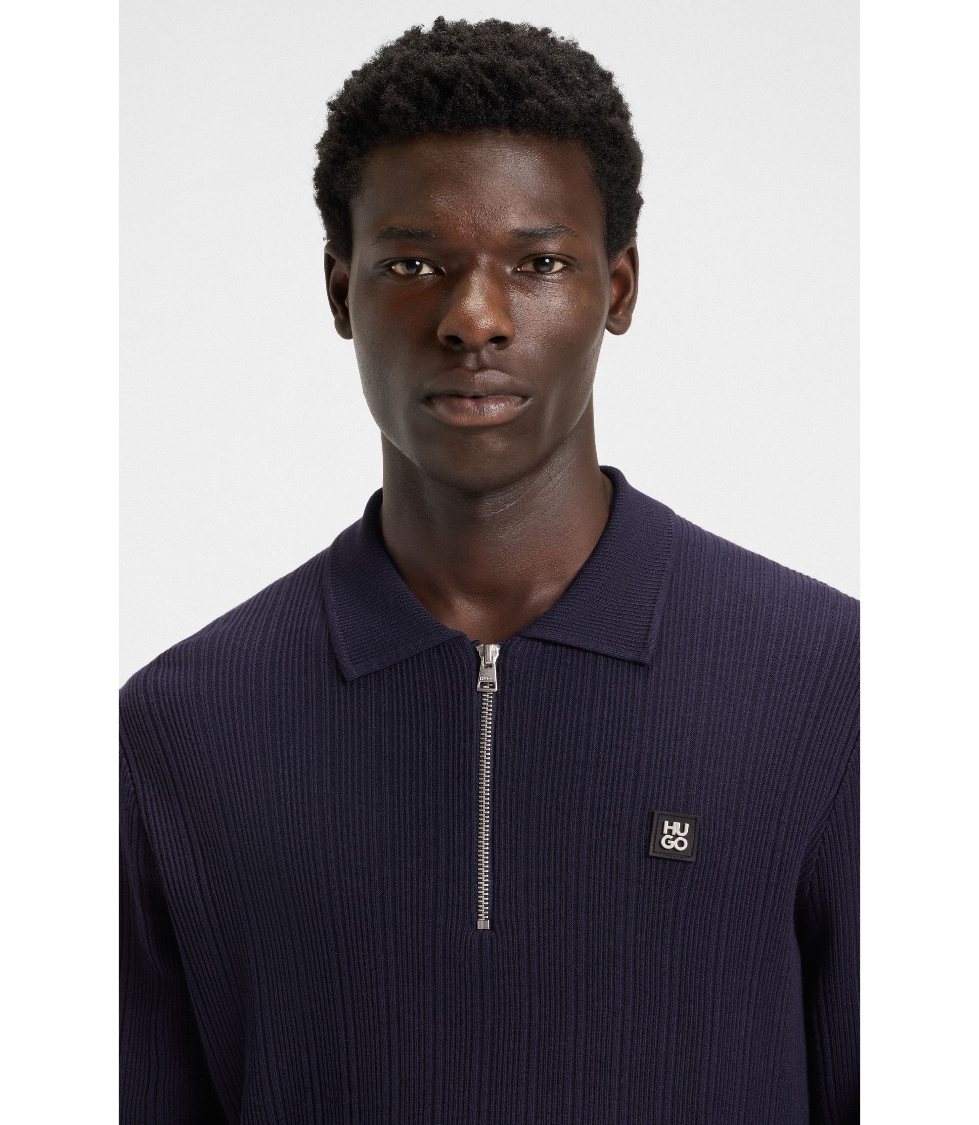 HUGO - Stacked-logo sweater with zip collar - Dark Blue