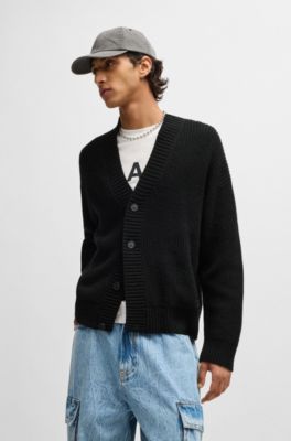 H*a様 GRANCY distractiondesign big cardig HUGO - Oversize-fit cardigan with ribbed structure - Black