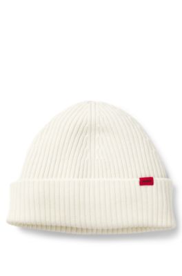 Gorro de punto de lana virgen con etiqueta con logo, Blanco